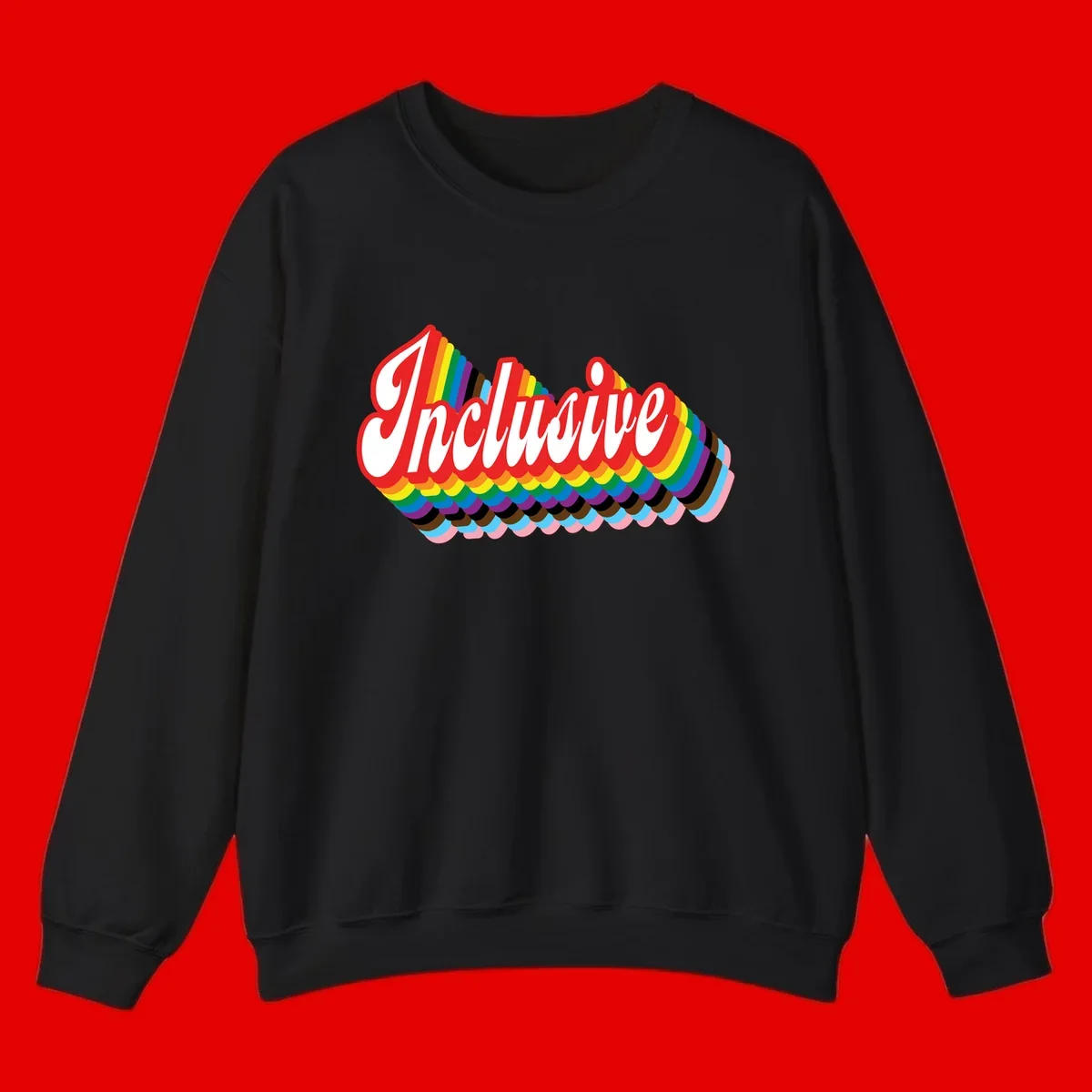 Inclusive pride rainbow design with bold red 3D lettering and layered rainbow wave stripes in full spectrum colors