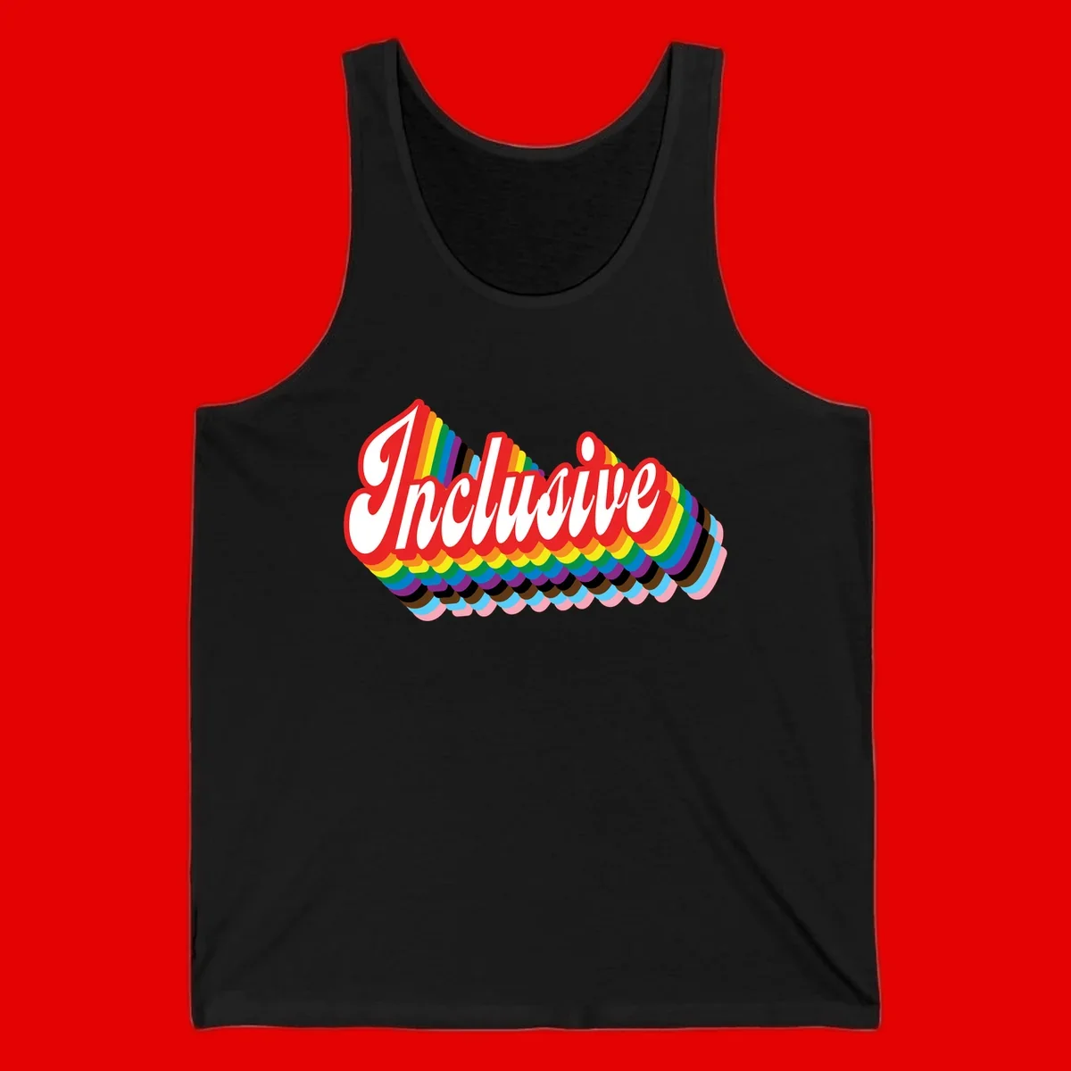 Inclusive pride rainbow design with bold red 3D lettering and layered rainbow wave stripes in full spectrum colors