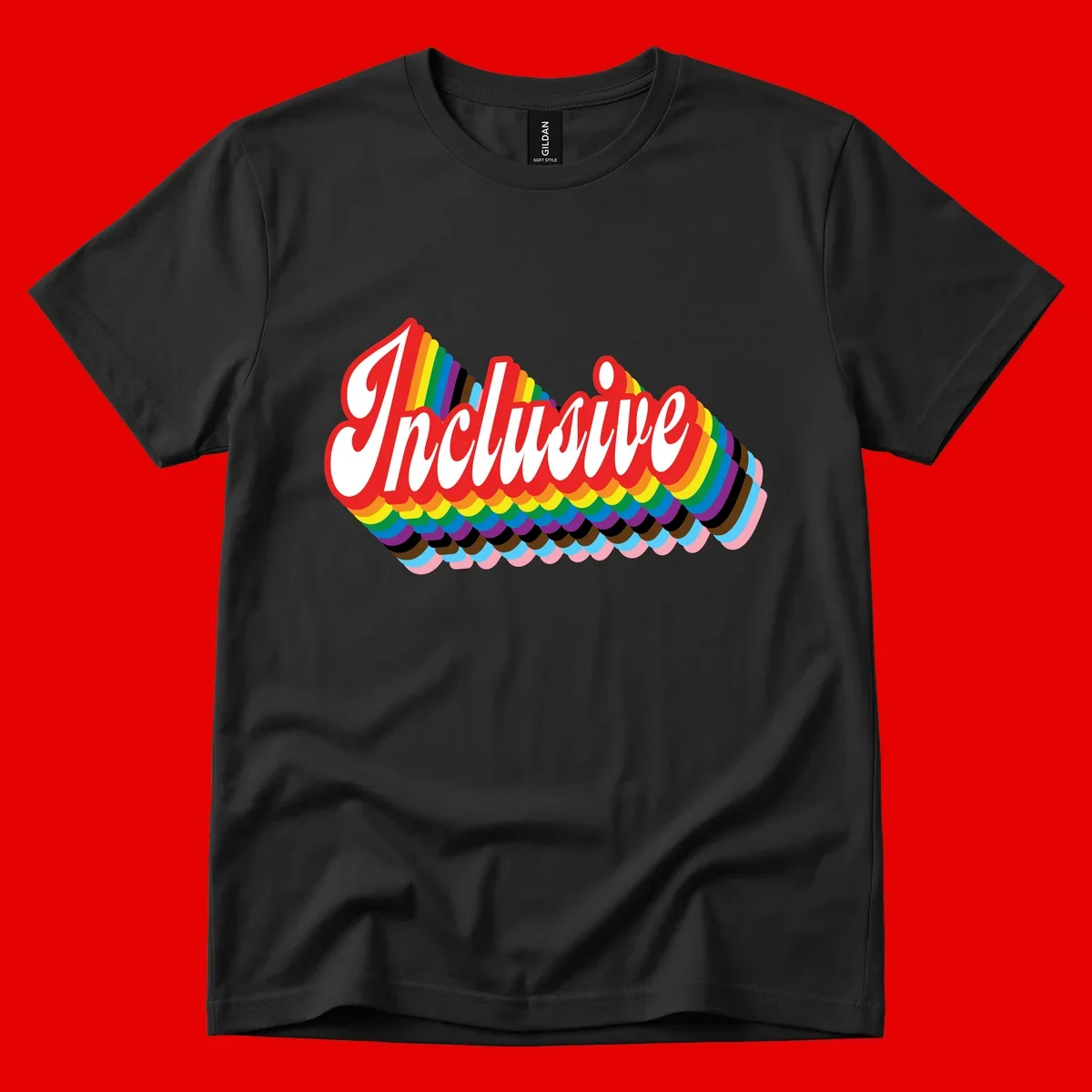 Inclusive pride rainbow design with bold red 3D lettering and layered rainbow wave stripes in full spectrum colors