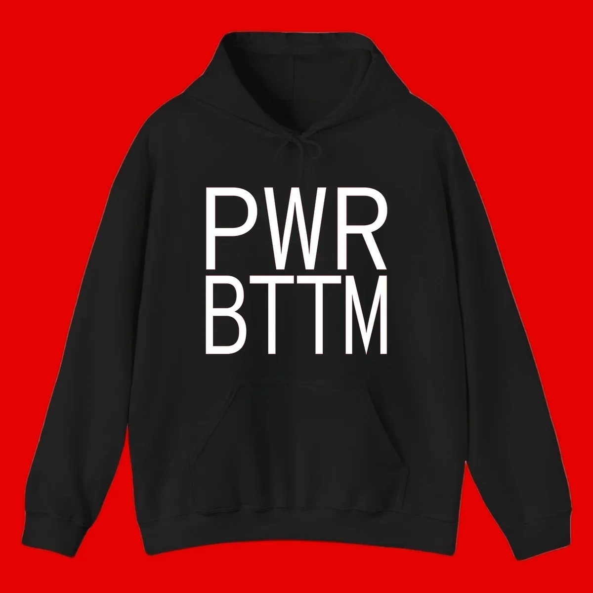 PWR BTTM pride shirt design with bold white sans-serif lettering stacked vertically on gray background