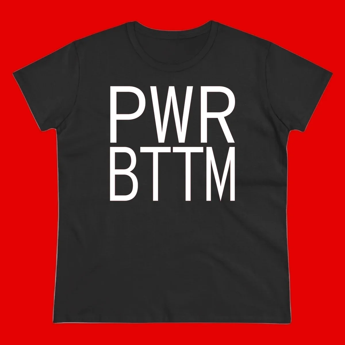 PWR BTTM pride shirt design with bold white sans-serif lettering stacked vertically on gray background