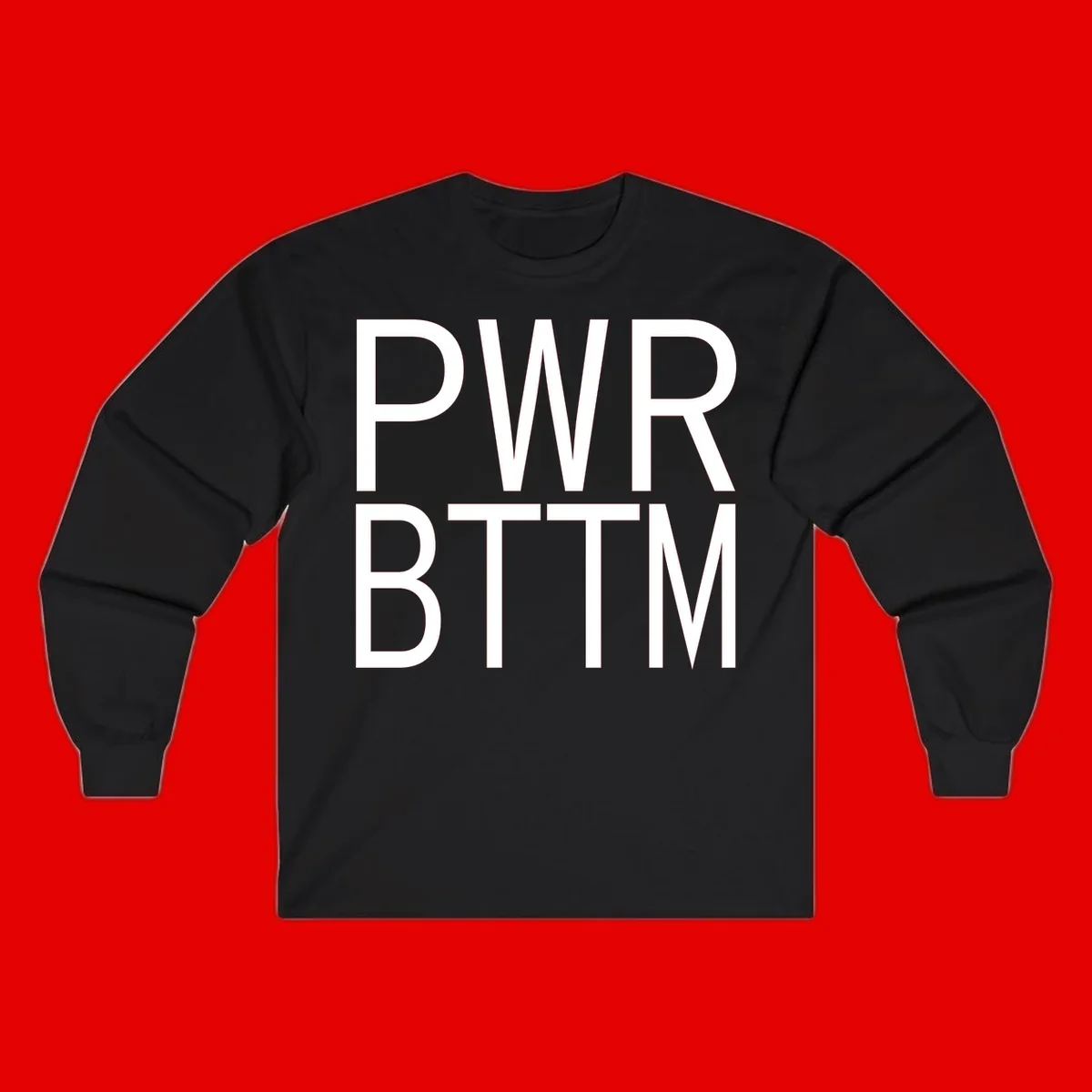 PWR BTTM pride shirt design with bold white sans-serif lettering stacked vertically on gray background