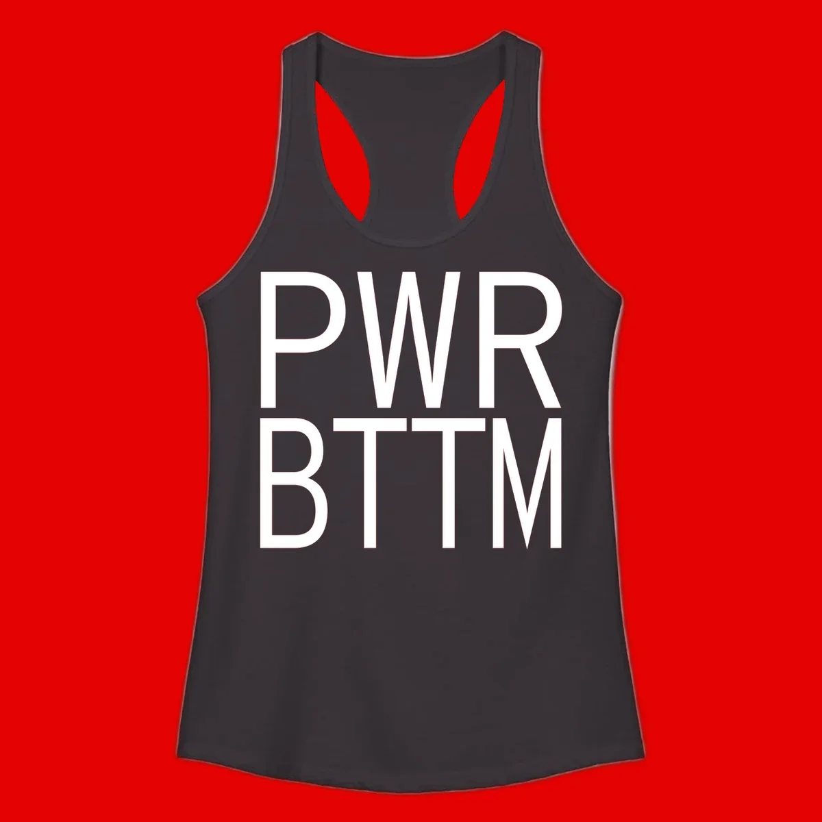 PWR BTTM pride shirt design with bold white sans-serif lettering stacked vertically on gray background