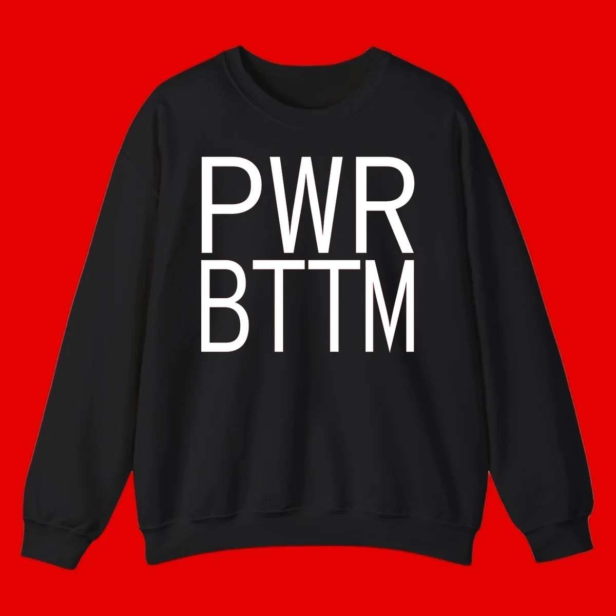 PWR BTTM pride shirt design with bold white sans-serif lettering stacked vertically on gray background