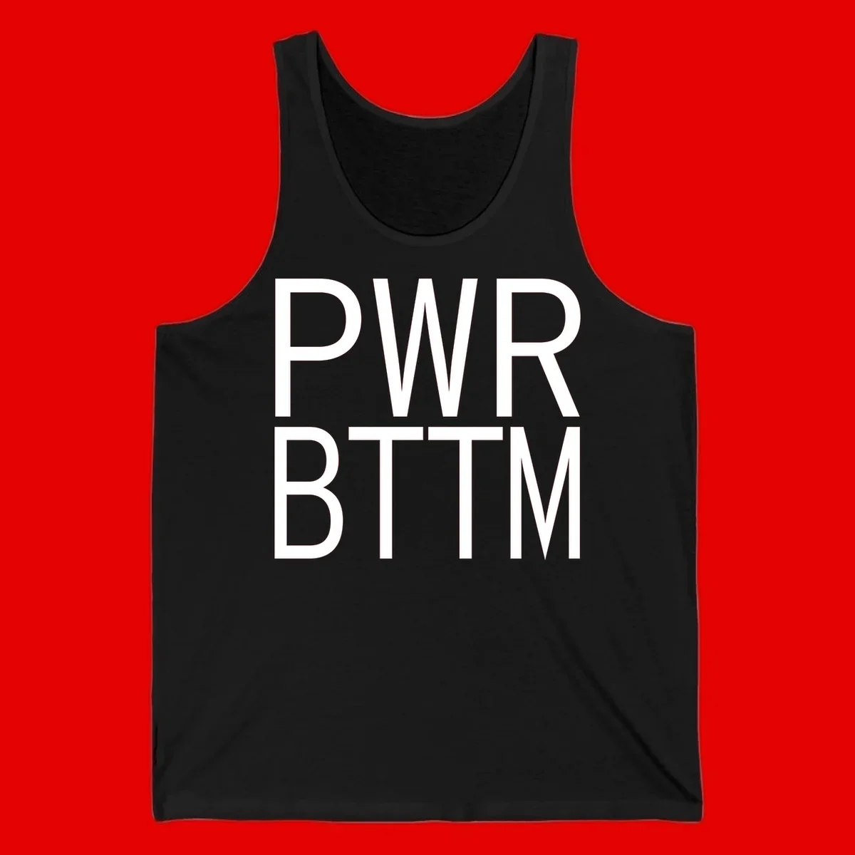 PWR BTTM pride shirt design with bold white sans-serif lettering stacked vertically on gray background
