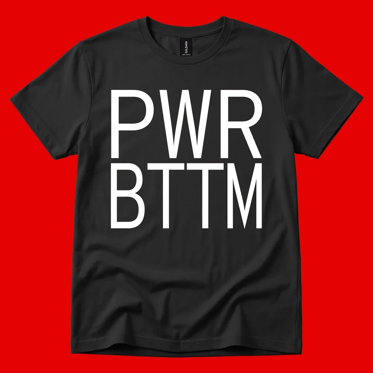 PWR BTTM pride shirt design with bold white sans-serif lettering stacked vertically on gray background