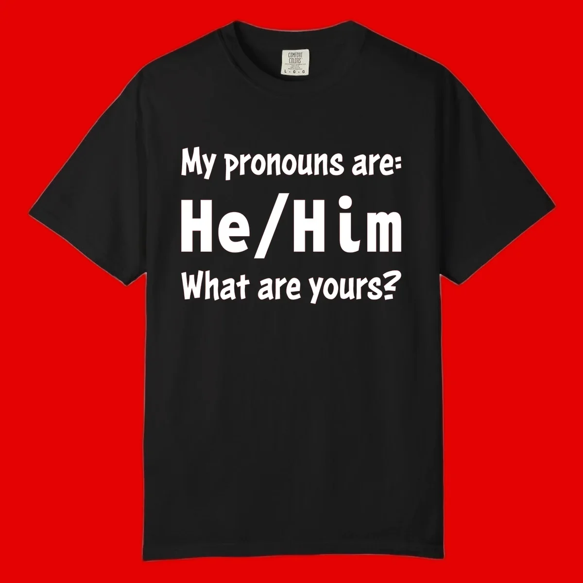 White text on gray background reading 'My pronouns are: He/Him What are yours?' - a he/him pronouns pride design