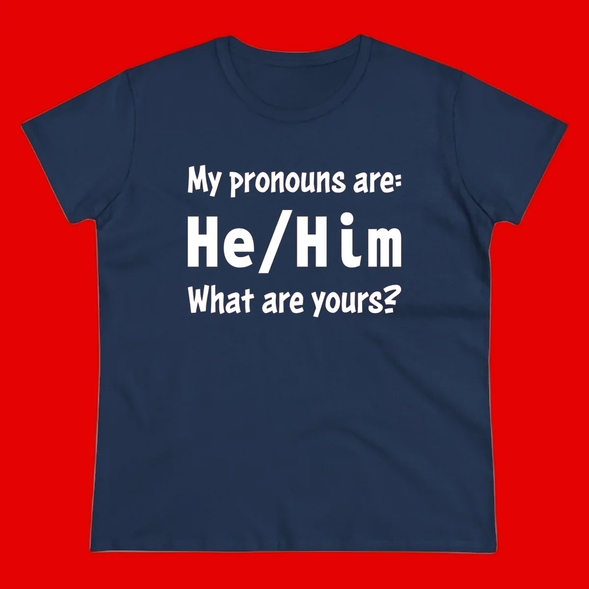 White text on gray background reading 'My pronouns are: He/Him What are yours?' - a he/him pronouns pride design