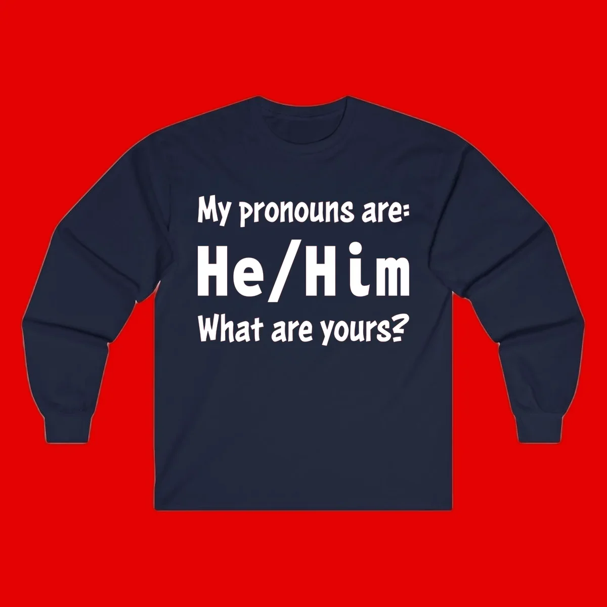White text on gray background reading 'My pronouns are: He/Him What are yours?' - a he/him pronouns pride design