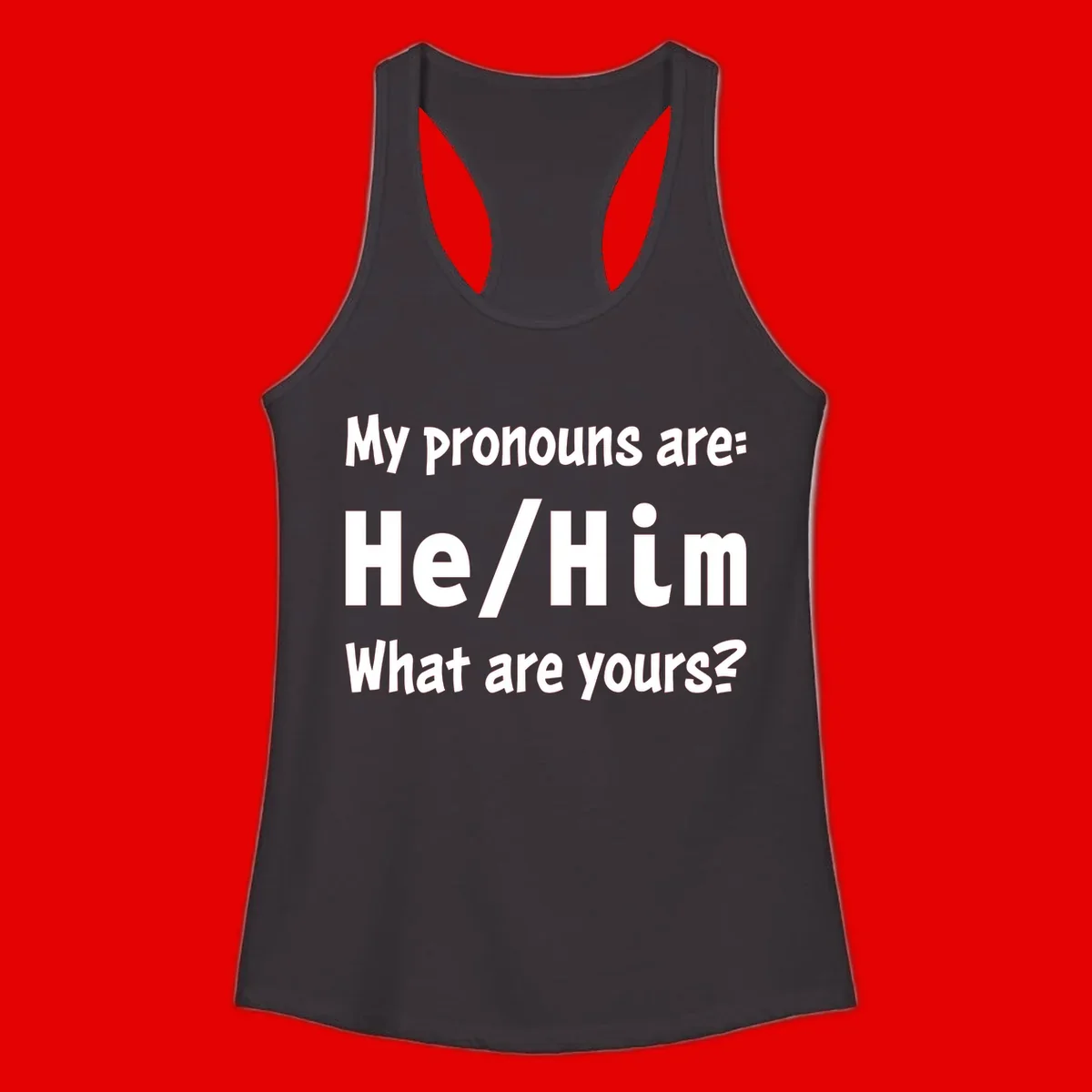 White text on gray background reading 'My pronouns are: He/Him What are yours?' - a he/him pronouns pride design