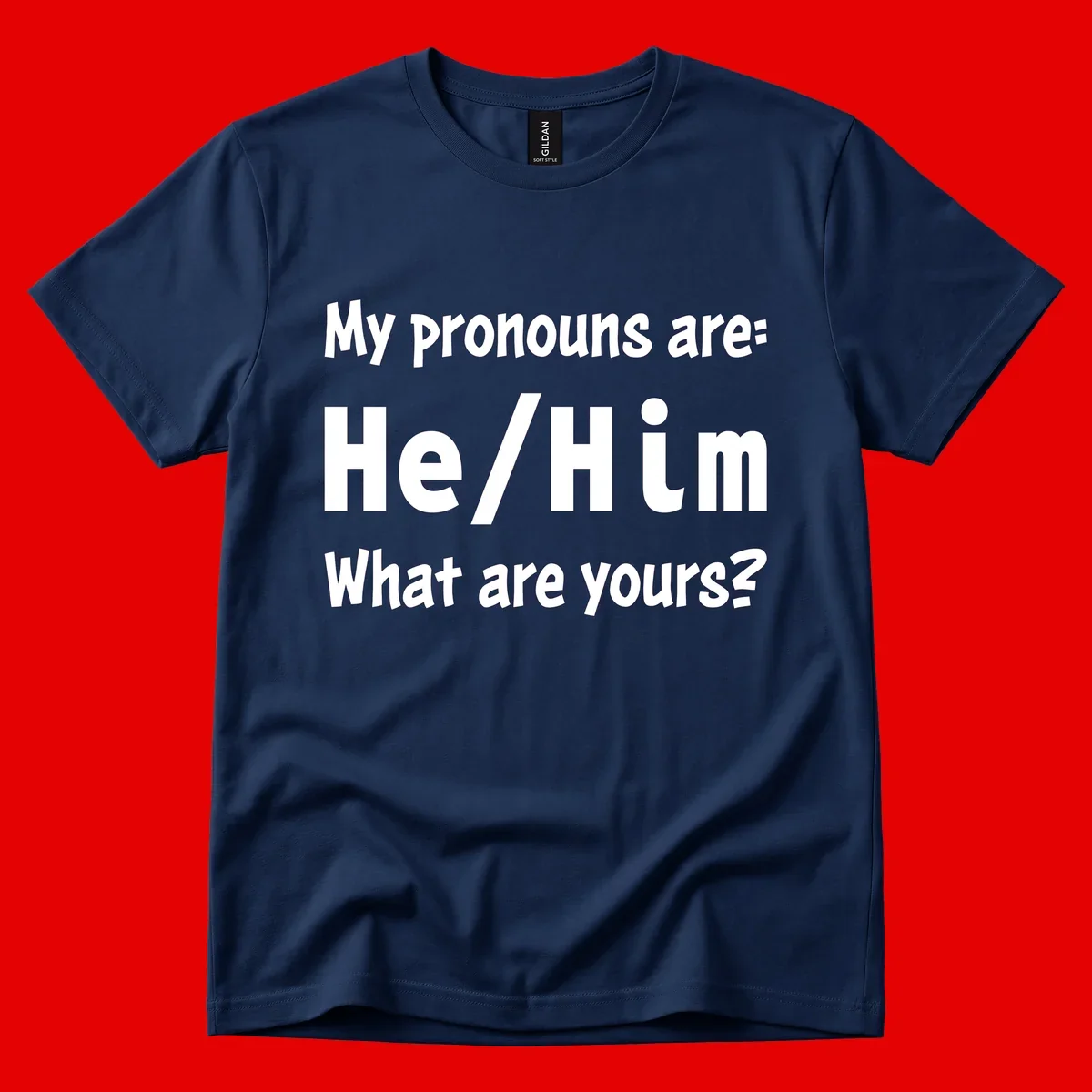 White text on gray background reading 'My pronouns are: He/Him What are yours?' - a he/him pronouns pride design