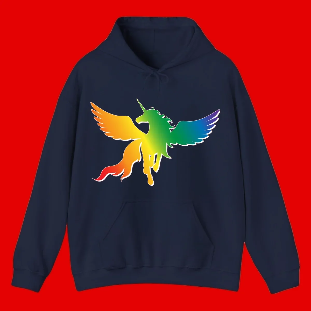Rainbow-winged unicorn with flowing mane and horn, gradient colored from orange to purple in pride flag colors