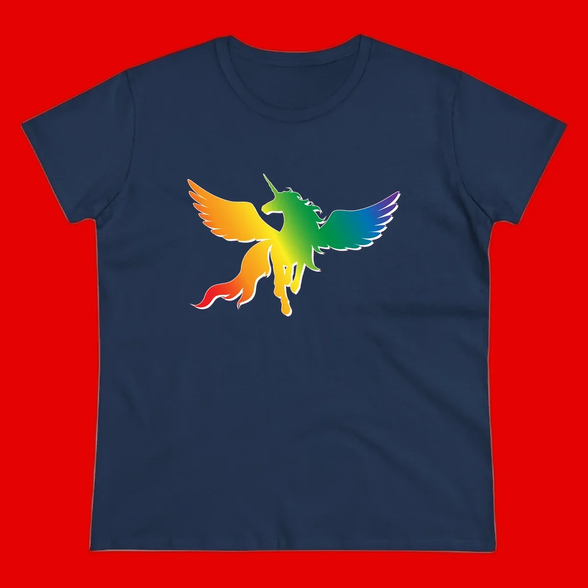 Rainbow-winged unicorn with flowing mane and horn, gradient colored from orange to purple in pride flag colors