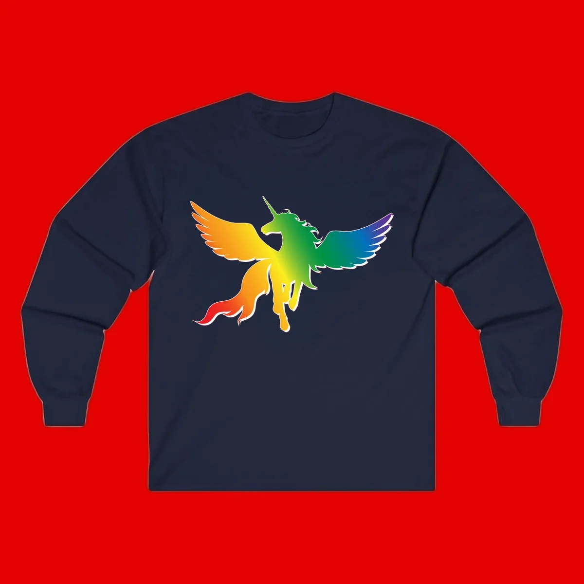 Rainbow-winged unicorn with flowing mane and horn, gradient colored from orange to purple in pride flag colors