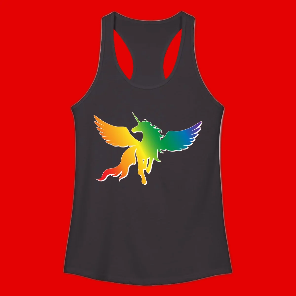 Rainbow-winged unicorn with flowing mane and horn, gradient colored from orange to purple in pride flag colors