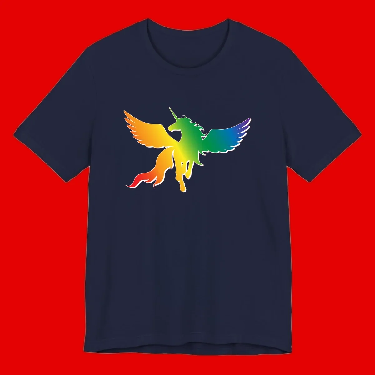 Rainbow-winged unicorn with flowing mane and horn, gradient colored from orange to purple in pride flag colors