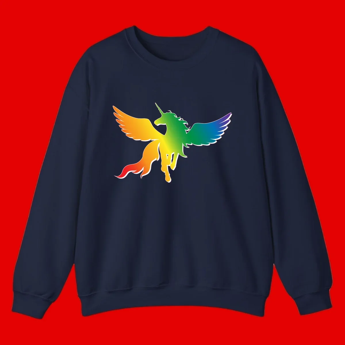 Rainbow-winged unicorn with flowing mane and horn, gradient colored from orange to purple in pride flag colors