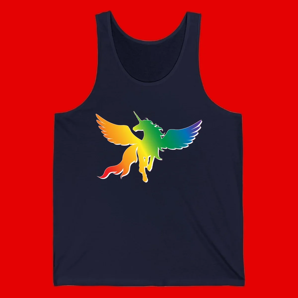 Rainbow-winged unicorn with flowing mane and horn, gradient colored from orange to purple in pride flag colors