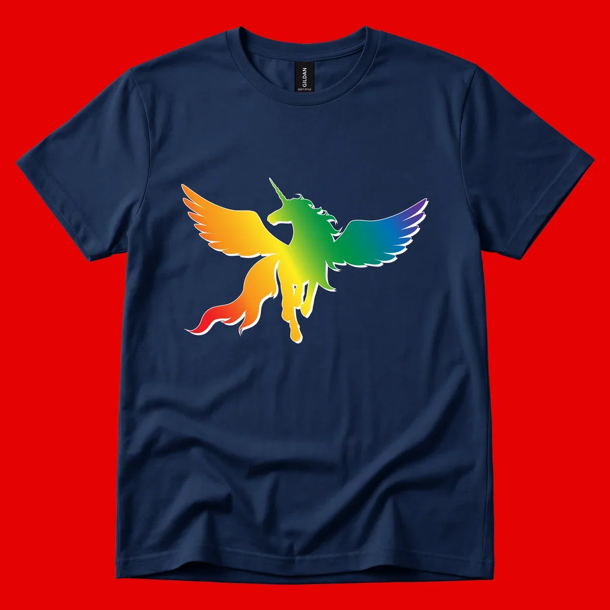 Rainbow-winged unicorn with flowing mane and horn, gradient colored from orange to purple in pride flag colors