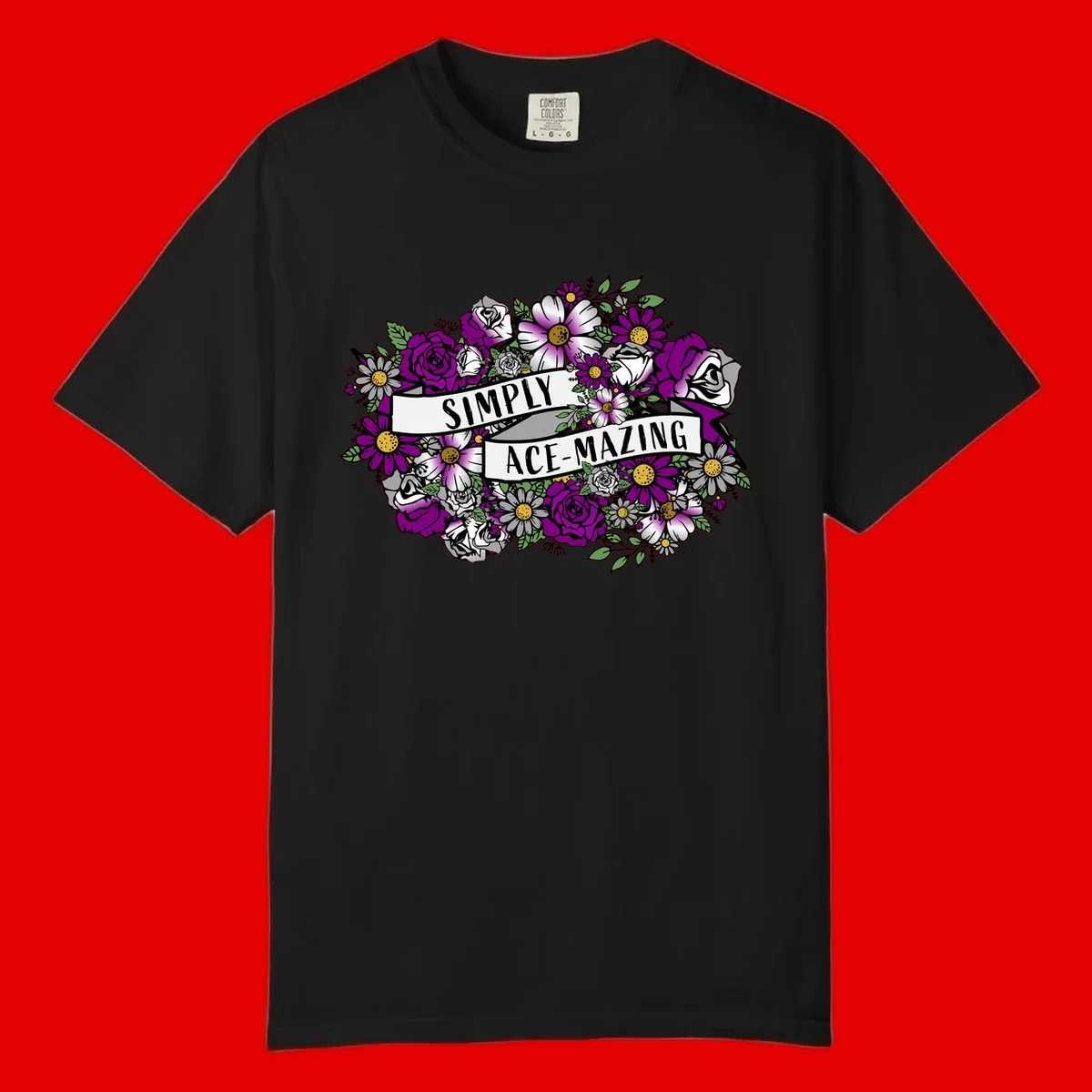 Simply ace-mazing floral design with purple roses, white daisies, green leaves, and banner ribbons on gray background