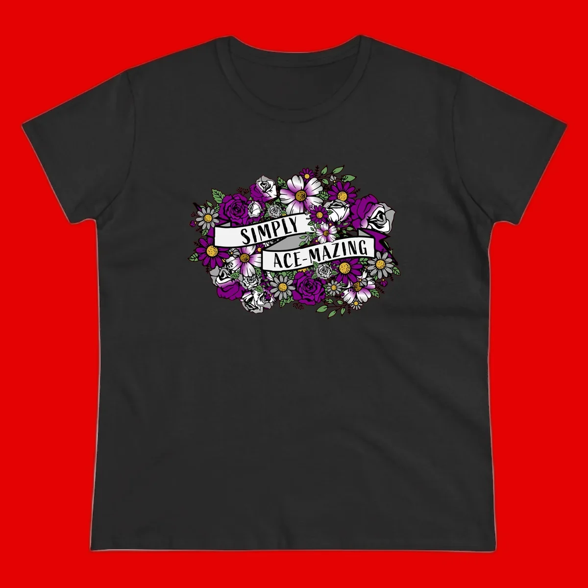 Simply ace-mazing floral design with purple roses, white daisies, green leaves, and banner ribbons on gray background