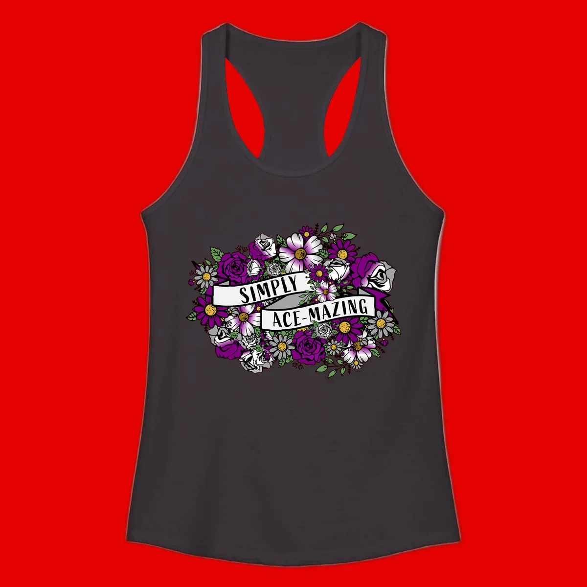 Simply ace-mazing floral design with purple roses, white daisies, green leaves, and banner ribbons on gray background