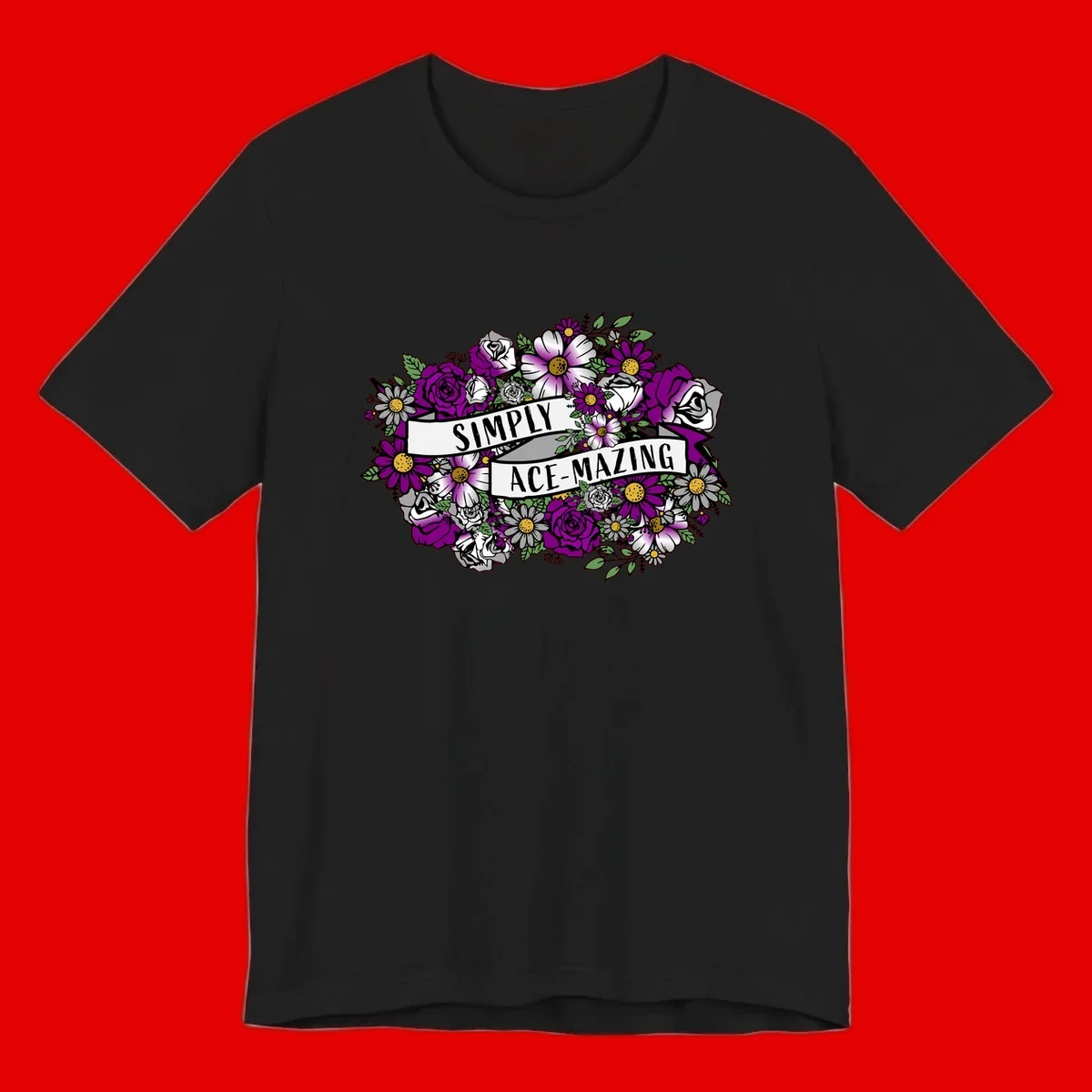 Simply ace-mazing floral design with purple roses, white daisies, green leaves, and banner ribbons on gray background