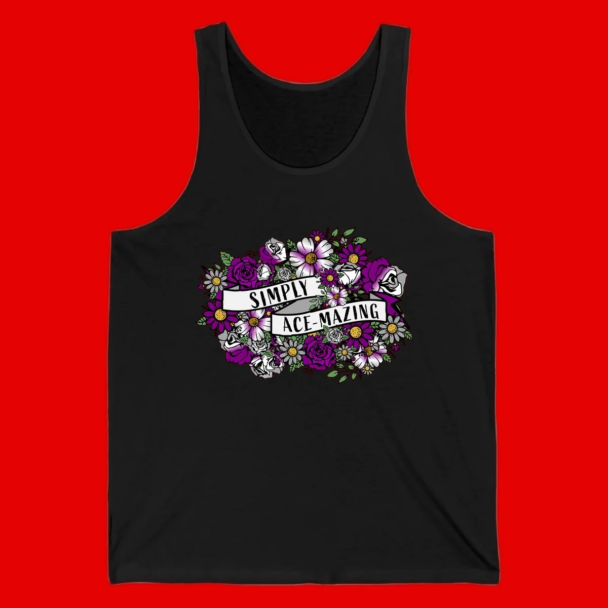 Simply ace-mazing floral design with purple roses, white daisies, green leaves, and banner ribbons on gray background