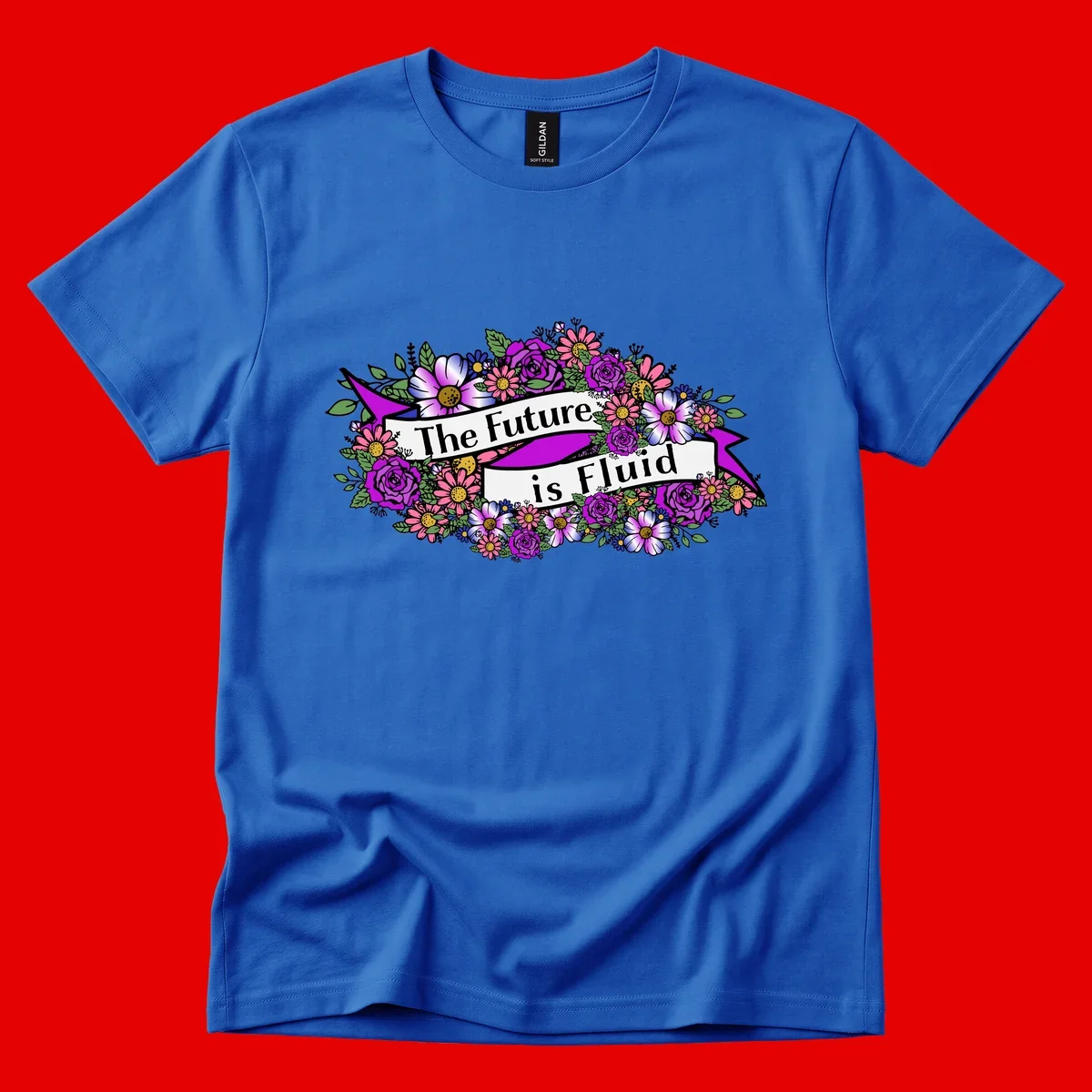 Colorful floral arrangement surrounding a banner reading 'The Future is Fluid' with roses, daisies, and greenery in magenta, pink, purple, and blue tones