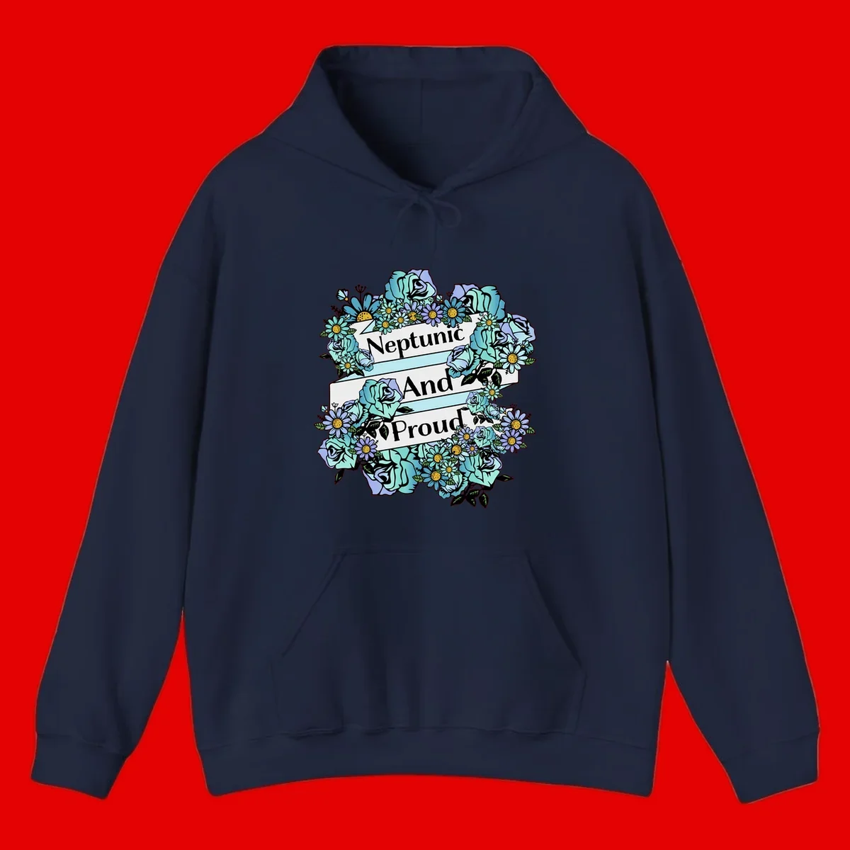 Neptunic pride design: turquoise and purple roses and daisies frame three white ribbons reading 'Neptunic And Proud' in bold text