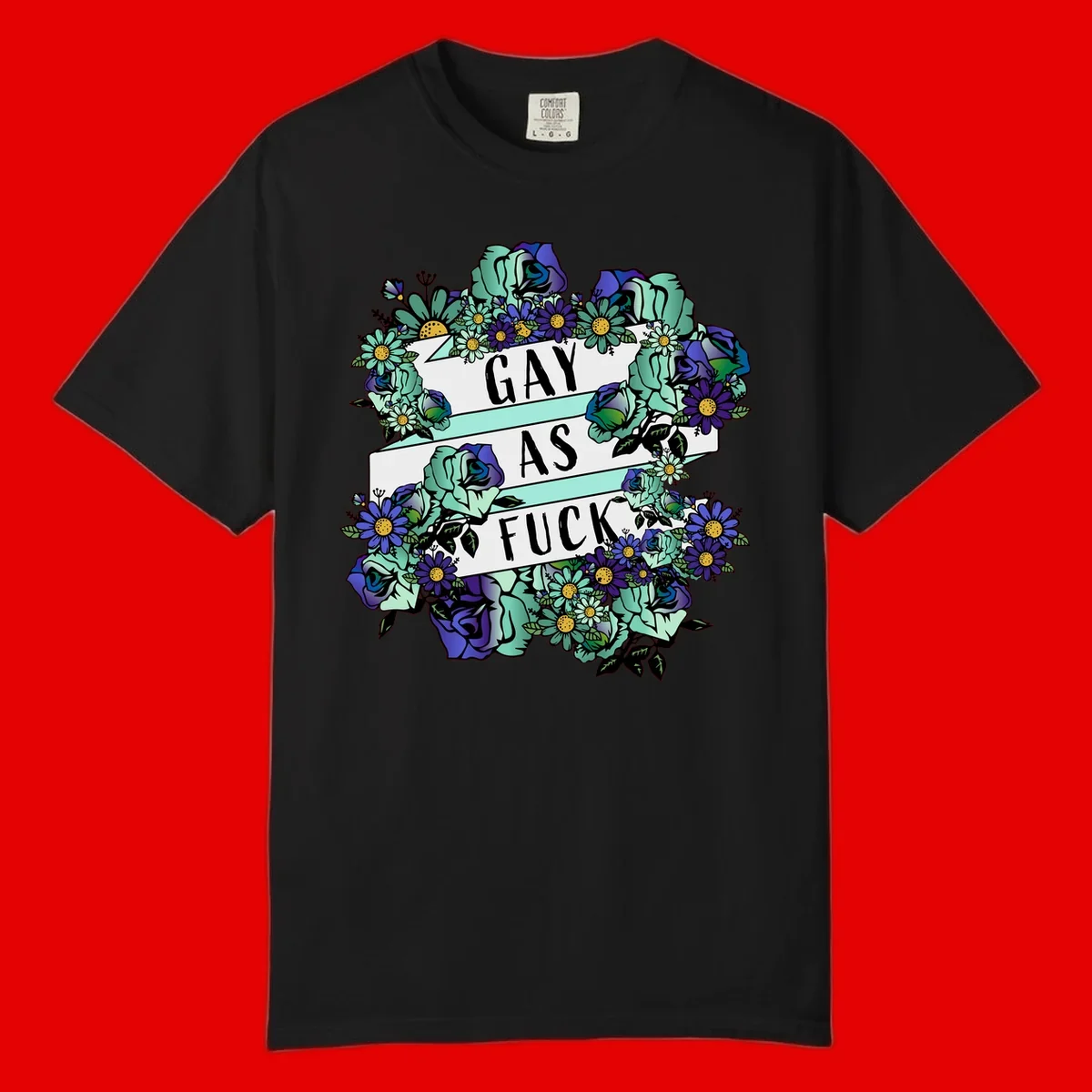 Floral illustration with mint roses and purple daisies surrounding white banners reading 'GAY AS FUCK' in bold text