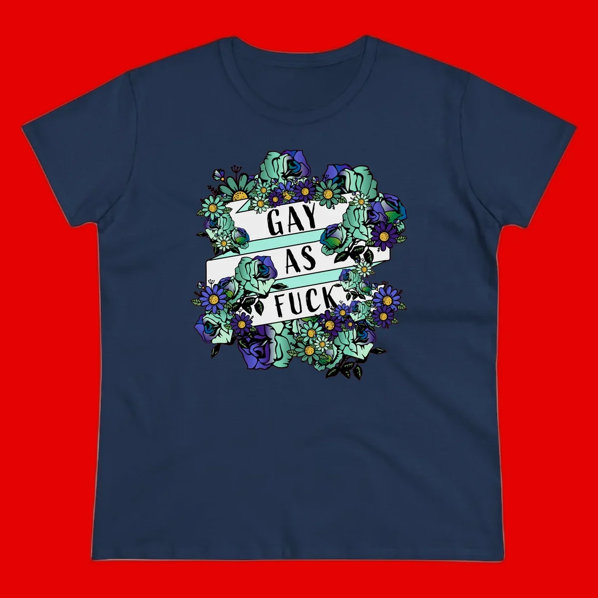 Floral illustration with mint roses and purple daisies surrounding white banners reading 'GAY AS FUCK' in bold text