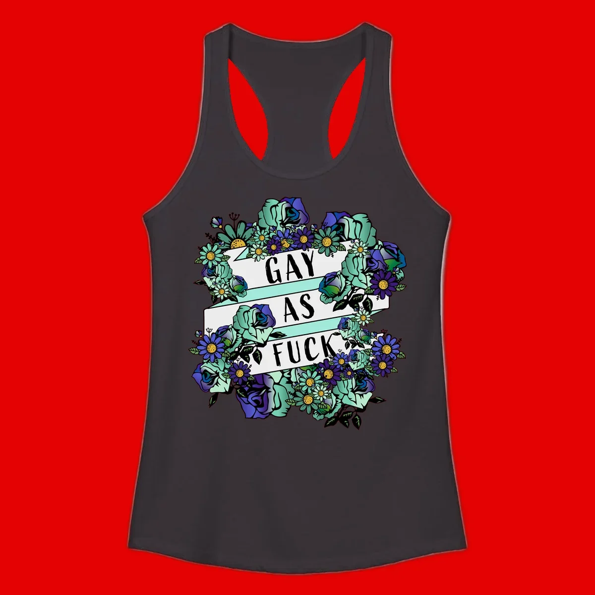 Floral illustration with mint roses and purple daisies surrounding white banners reading 'GAY AS FUCK' in bold text