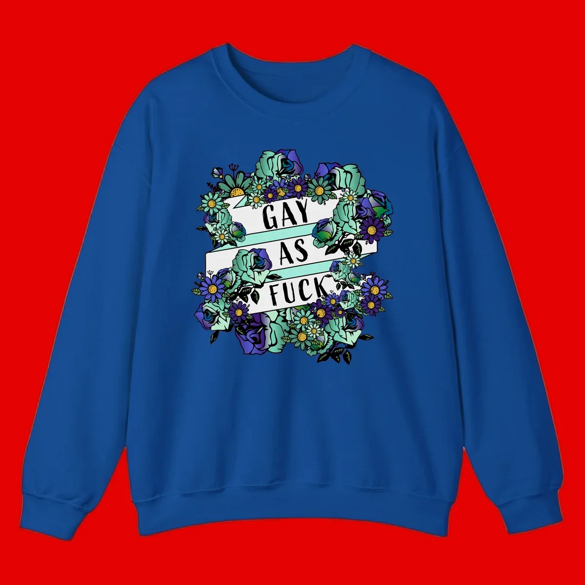 Floral illustration with mint roses and purple daisies surrounding white banners reading 'GAY AS FUCK' in bold text