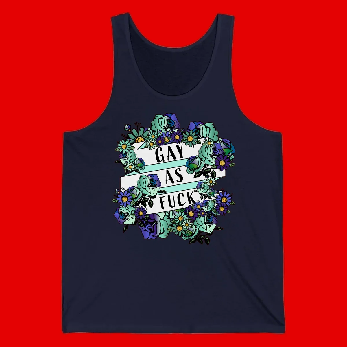 Floral illustration with mint roses and purple daisies surrounding white banners reading 'GAY AS FUCK' in bold text