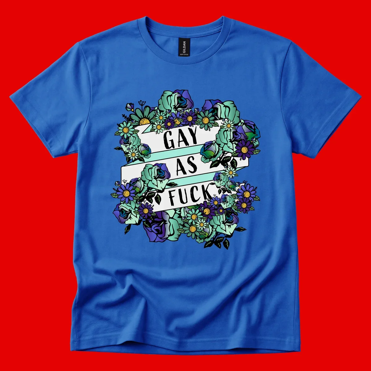Floral illustration with mint roses and purple daisies surrounding white banners reading 'GAY AS FUCK' in bold text