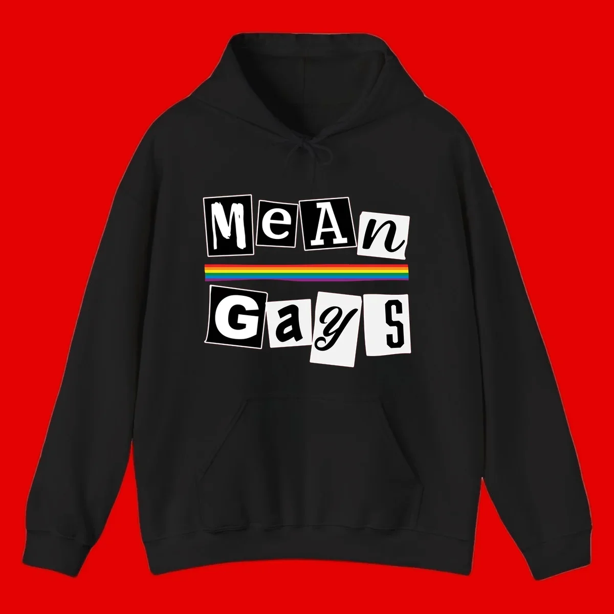 Mean Gays pride design with ransom note style lettering and rainbow stripe celebrating LGBTQ+ pride