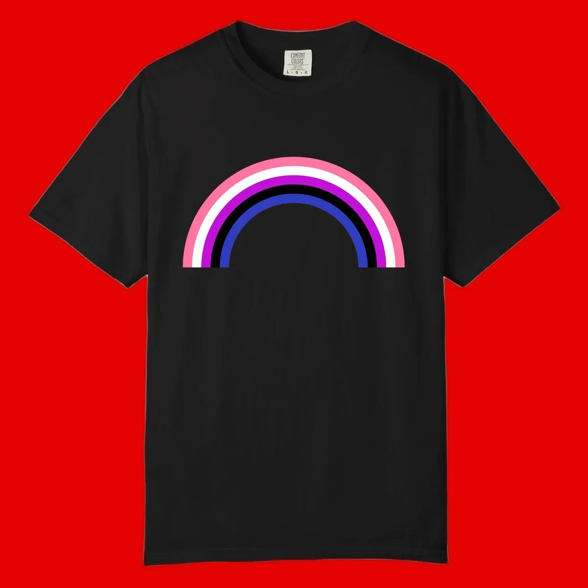 Pride rainbow arc with five concentric stripes in pink, white, purple, black, and blue colors on gray background