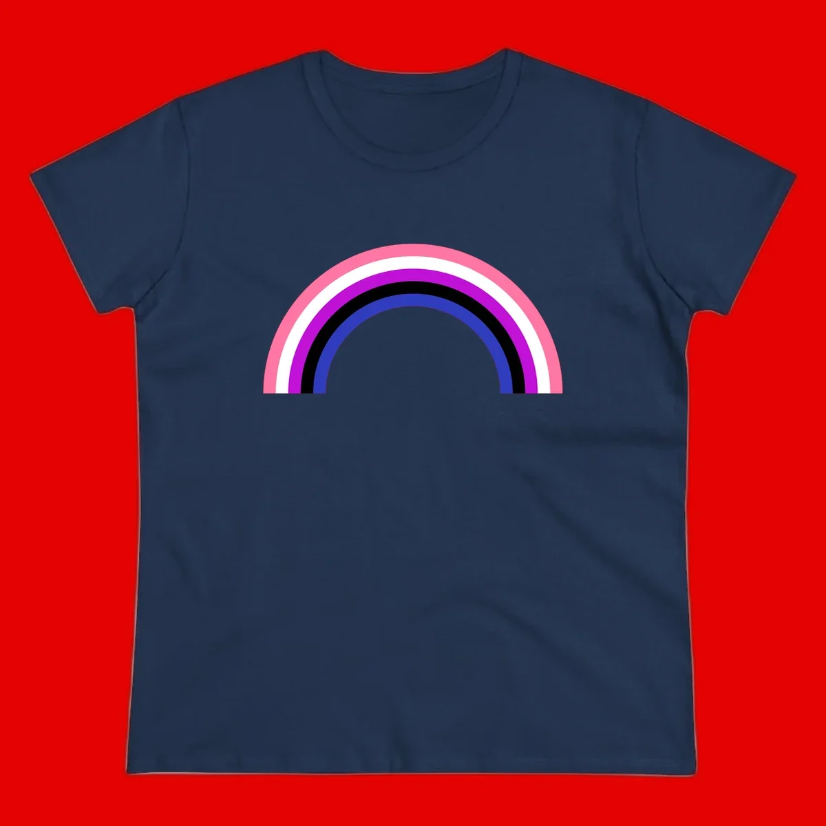 Pride rainbow arc with five concentric stripes in pink, white, purple, black, and blue colors on gray background