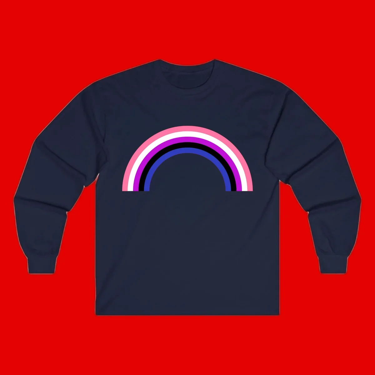 Pride rainbow arc with five concentric stripes in pink, white, purple, black, and blue colors on gray background