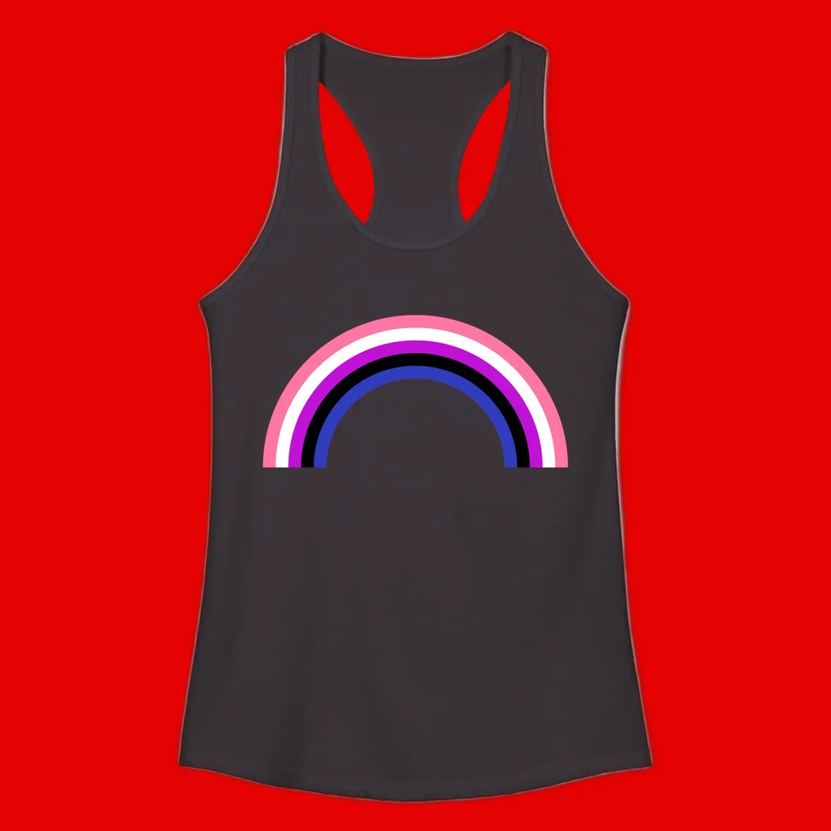 Pride rainbow arc with five concentric stripes in pink, white, purple, black, and blue colors on gray background