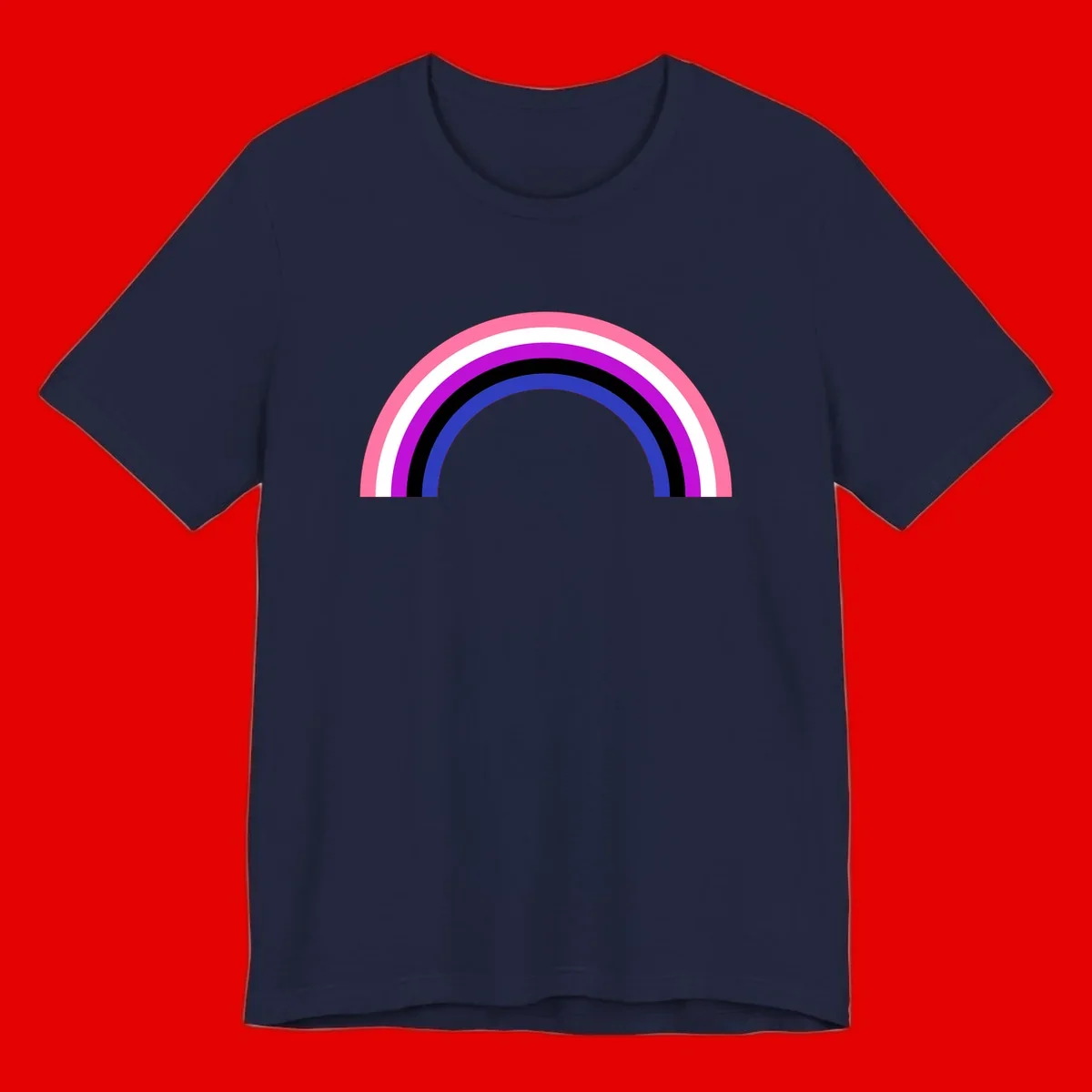 Pride rainbow arc with five concentric stripes in pink, white, purple, black, and blue colors on gray background