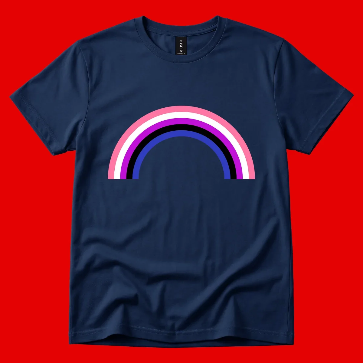 Pride rainbow arc with five concentric stripes in pink, white, purple, black, and blue colors on gray background
