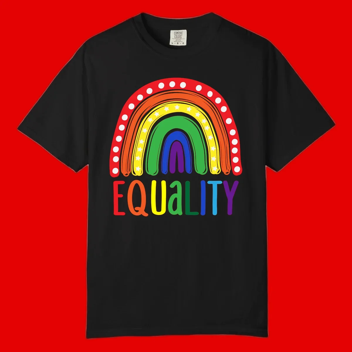 Concentric rainbow arcs in pride colors with white polka dots and stars, featuring 'EQUALITY' text in multicolored letters below