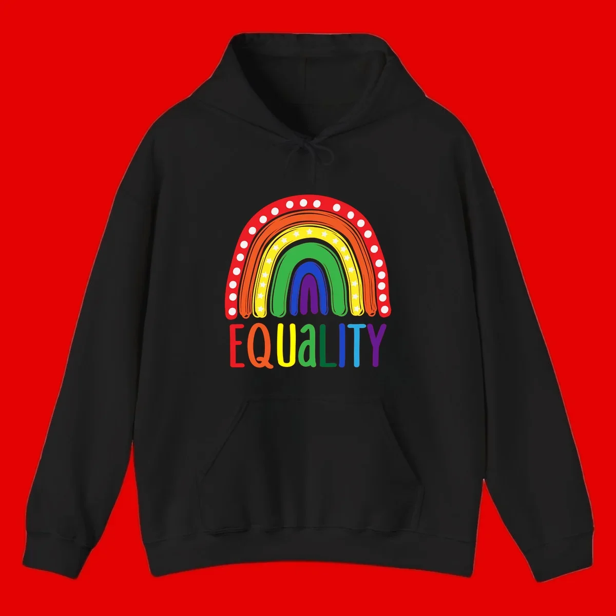 Concentric rainbow arcs in pride colors with white polka dots and stars, featuring 'EQUALITY' text in multicolored letters below