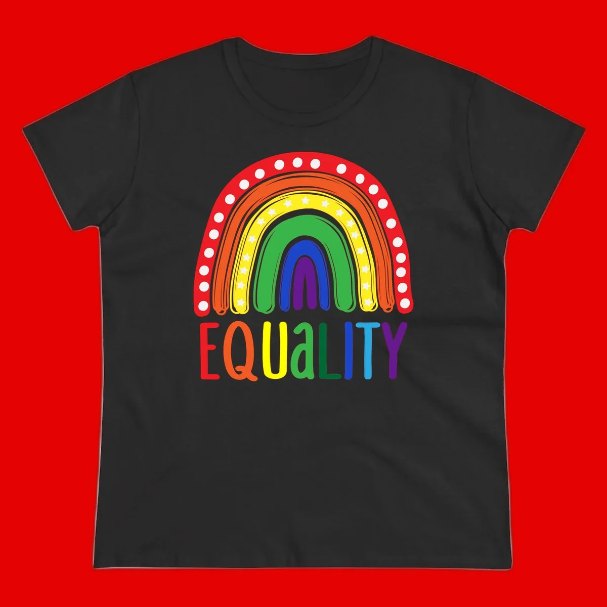 Concentric rainbow arcs in pride colors with white polka dots and stars, featuring 'EQUALITY' text in multicolored letters below