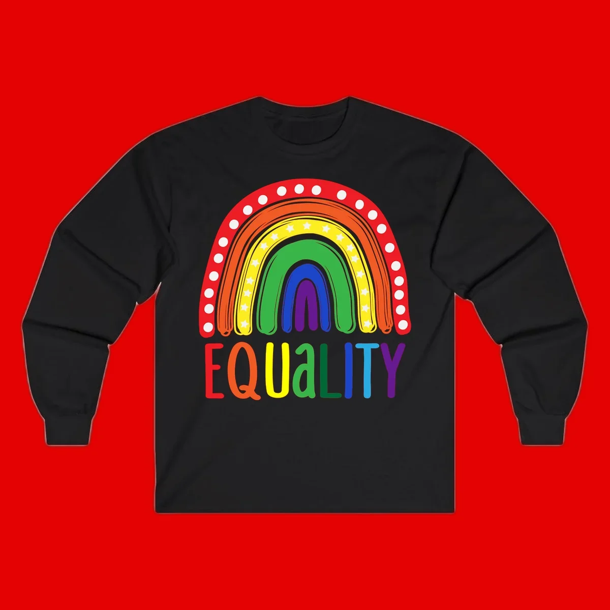 Concentric rainbow arcs in pride colors with white polka dots and stars, featuring 'EQUALITY' text in multicolored letters below