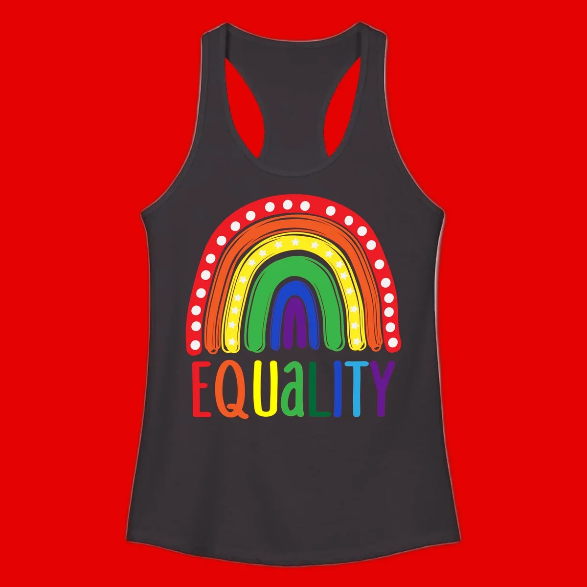Concentric rainbow arcs in pride colors with white polka dots and stars, featuring 'EQUALITY' text in multicolored letters below
