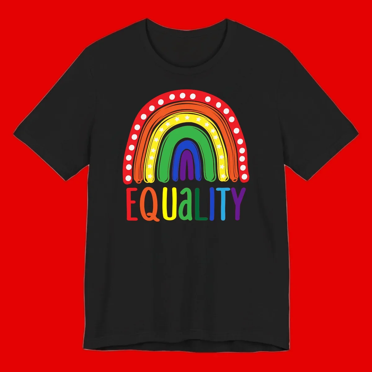 Concentric rainbow arcs in pride colors with white polka dots and stars, featuring 'EQUALITY' text in multicolored letters below