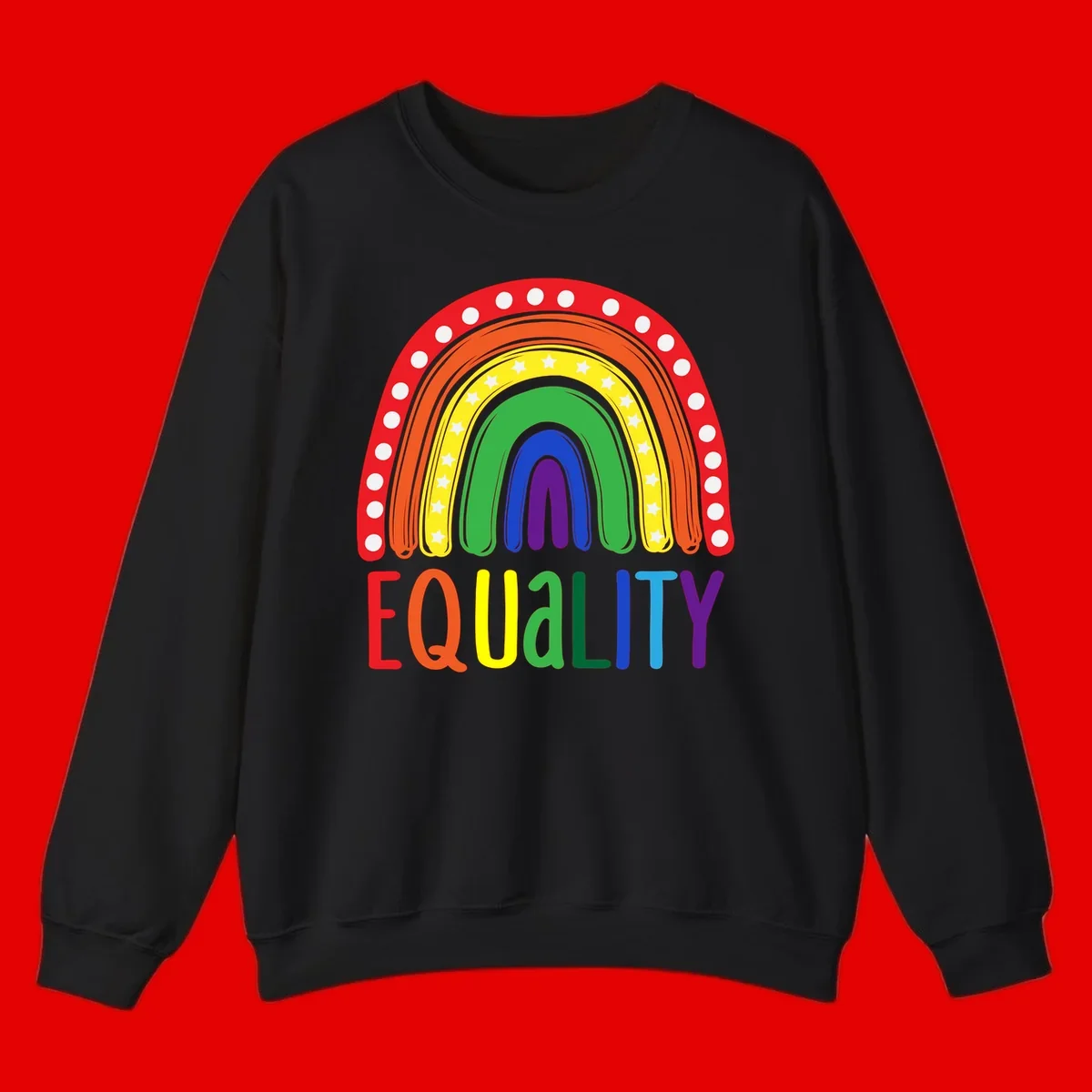 Concentric rainbow arcs in pride colors with white polka dots and stars, featuring 'EQUALITY' text in multicolored letters below